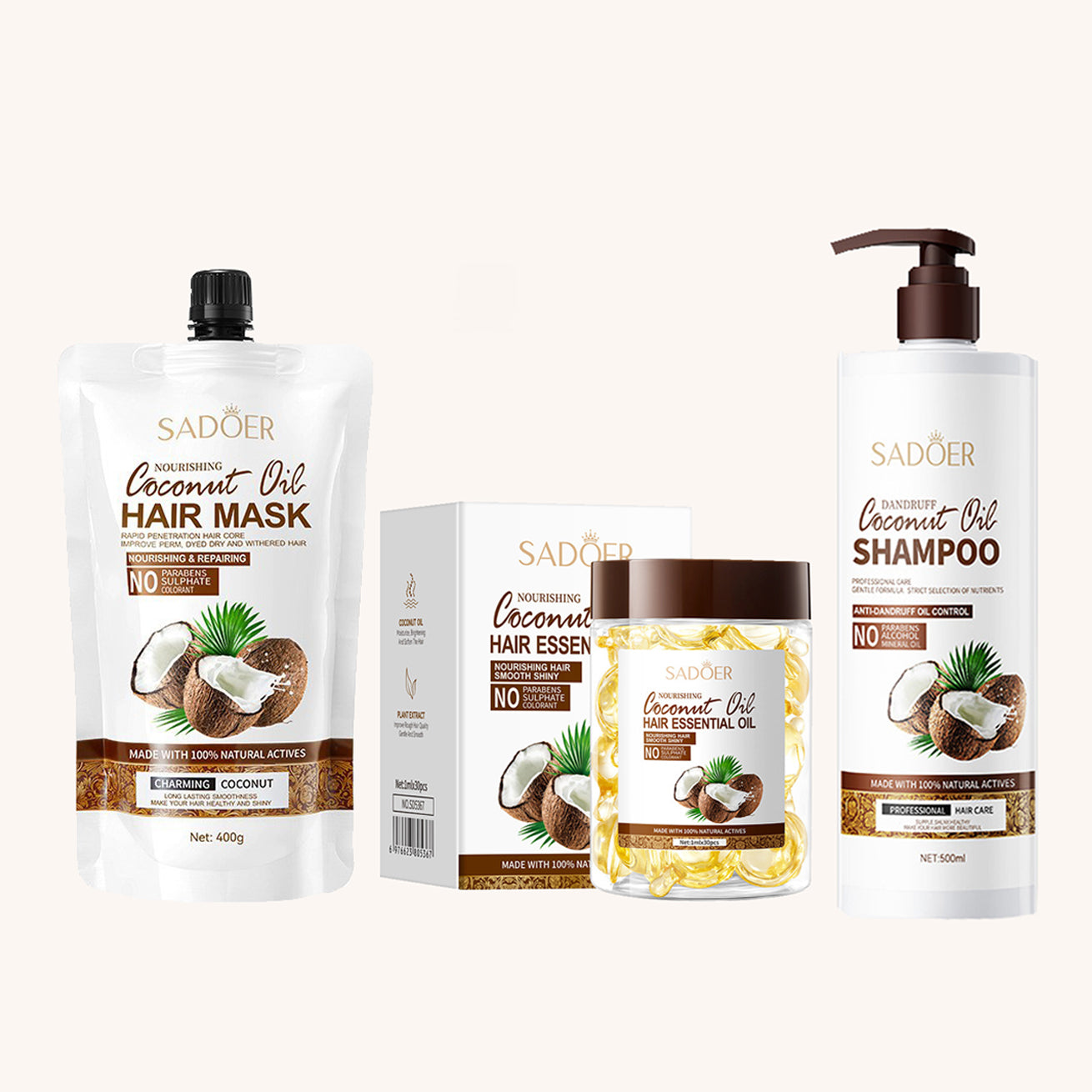 Natural coconut oil hair care capsules, 1 ml per capsule, 30 capsules in total.