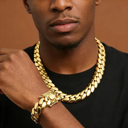 12mm Cuban chain and bracelet set, 18K Gold